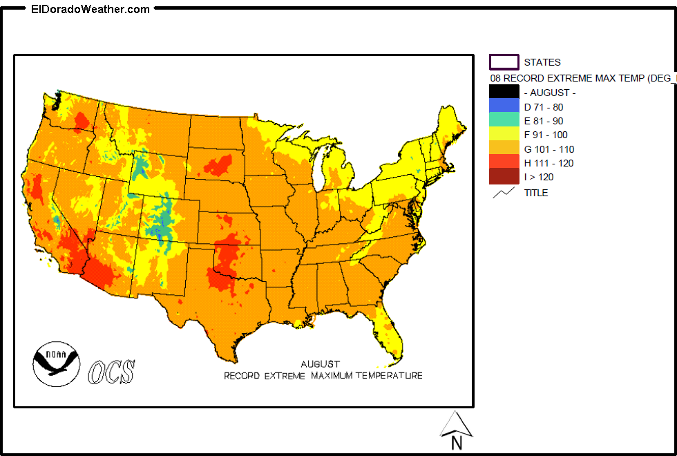 United States August Record Extreme Maximum Temperature